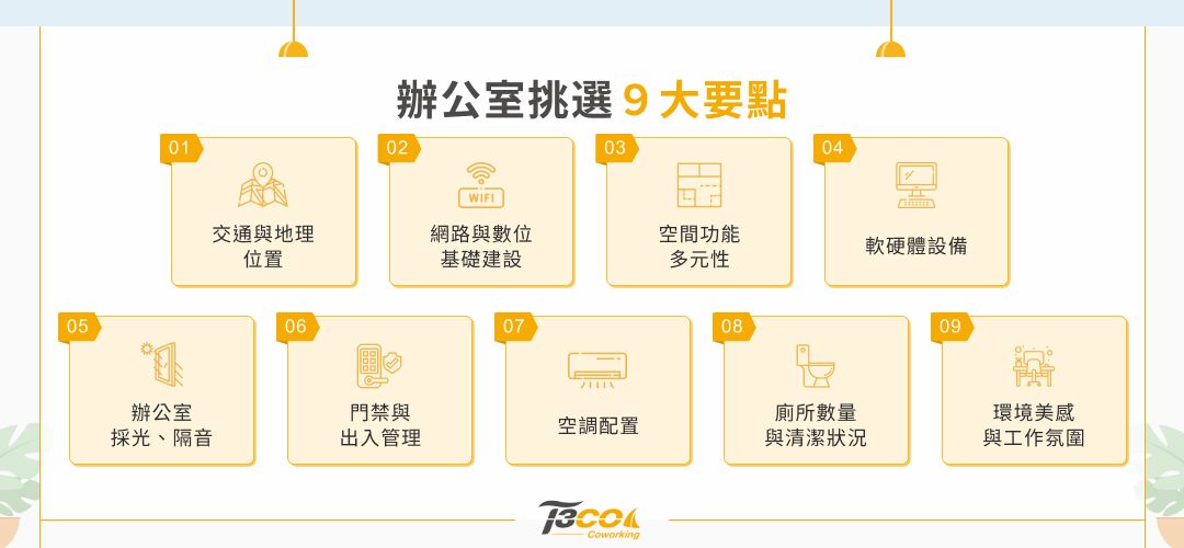 辦公室挑選9大要點 交通與地理位置 網路與數位基礎建設 空間功能多元性 軟硬體設備 辦公室採光、隔音 門禁與出入管理 空調配置 廁所數量與清潔狀況